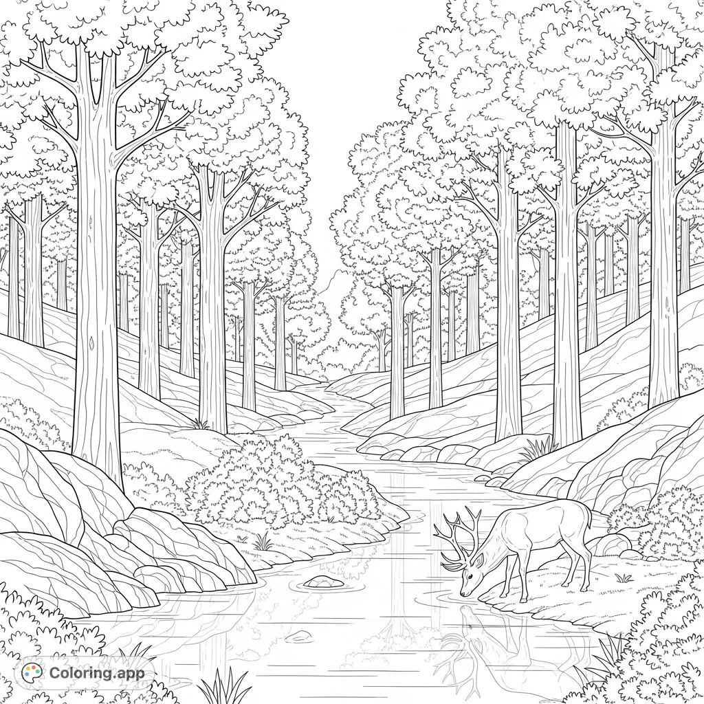 Discover a tranquil forest river scene with a majestic deer. This detailed forest landscape coloring page offers serene nature beauty for all ages.