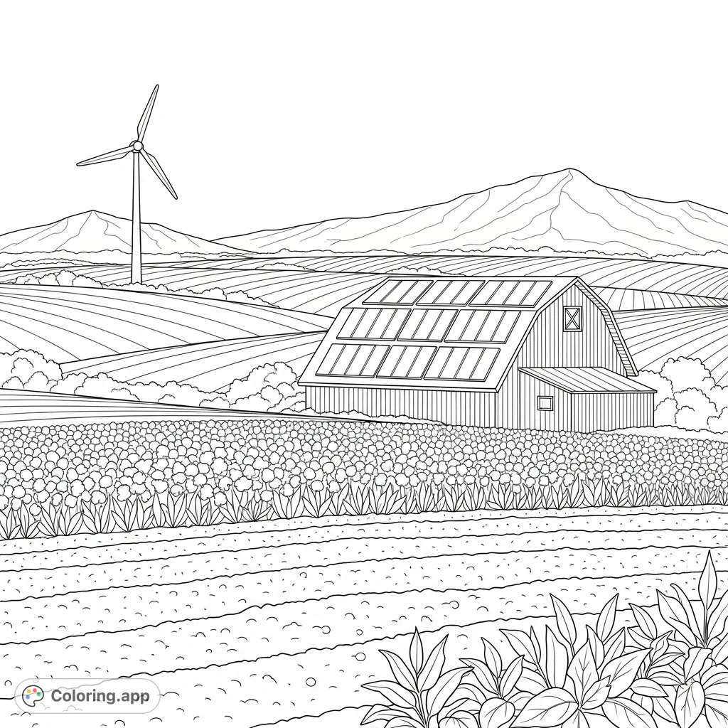 Explore a serene agricultural landscape featuring diverse crop fields, a barn with solar panels, a spinning wind turbine, and majestic distant mountains.