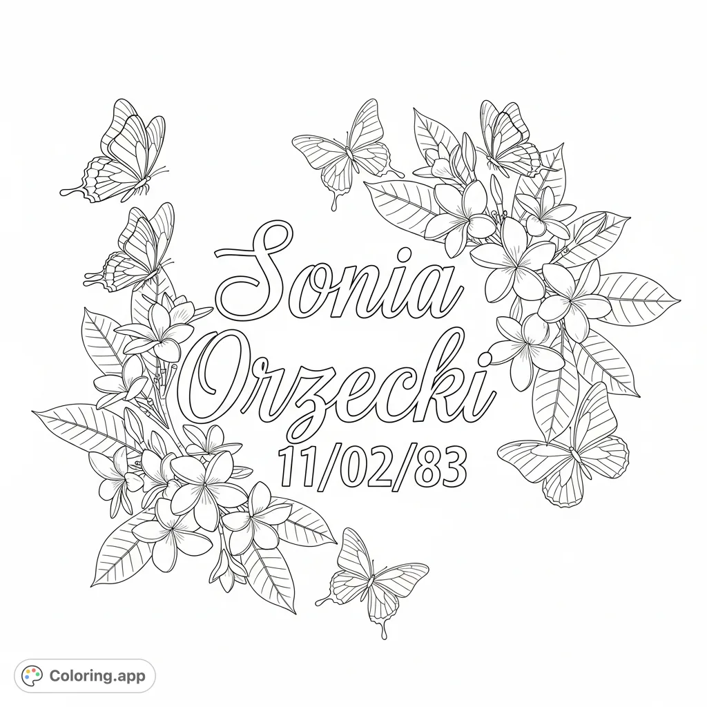 A beautiful personalized coloring page featuring the name Sonia Orzecki and date 11/02/83, surrounded by delicate butterflies and fragrant frangipani blossoms.