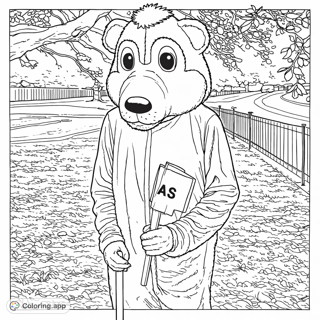 Color a friendly mascot holding flags and a stick in a charming outdoor scene, featuring a grassy ground, fence, road, and a large tree.