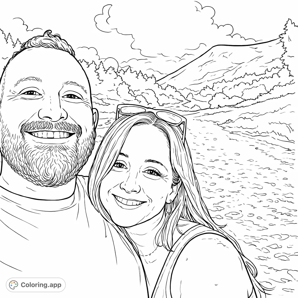 A cheerful couple smiles broadly, captured in a close-up against a scenic outdoor backdrop with mountains and a unique sky. Perfect for personalizing.