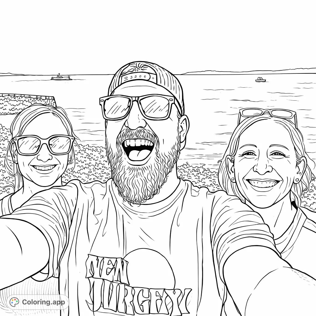 A joyful group selfie by the water, capturing smiling friends, sunglasses, and a scenic bay with distant boats. Perfect for a fun, relaxing coloring session.
