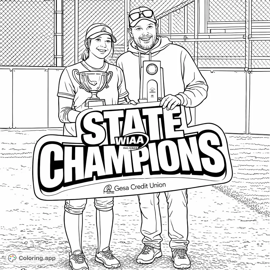Celebrate a championship victory with two smiling individuals holding a 'State Champions' sign and trophies on a sports field. Perfect for fans!