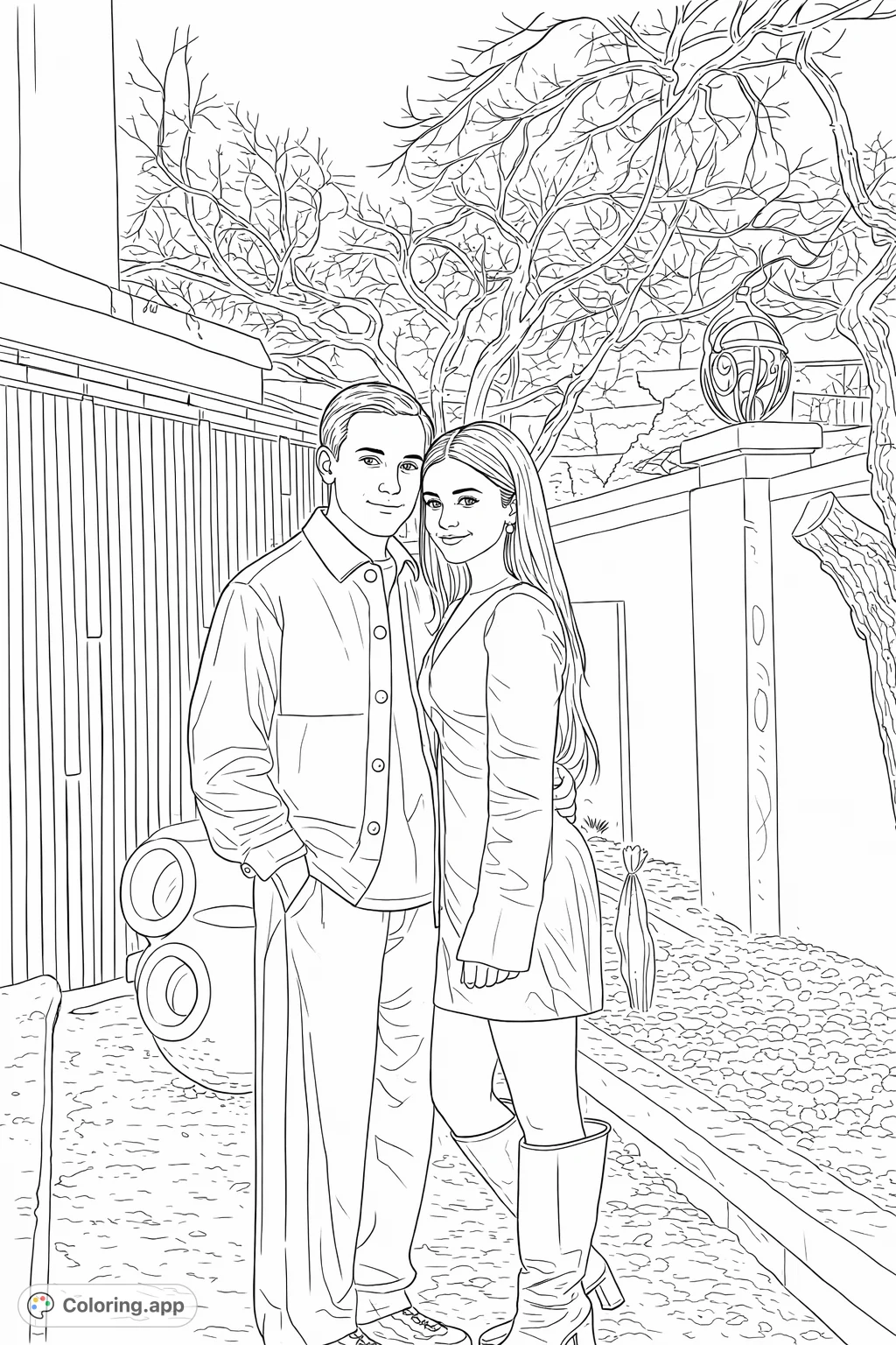 A stylish couple poses in an urban garden setting at night, featuring architectural details, bare trees, and decorative elements. A contemporary scene.