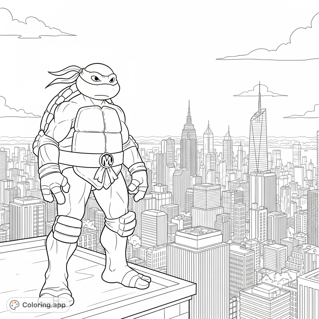 A heroic Teenage Mutant Ninja Turtle watches over a sprawling cityscape under a clear afternoon sky. A dynamic TMNT coloring page for adventure fans.
