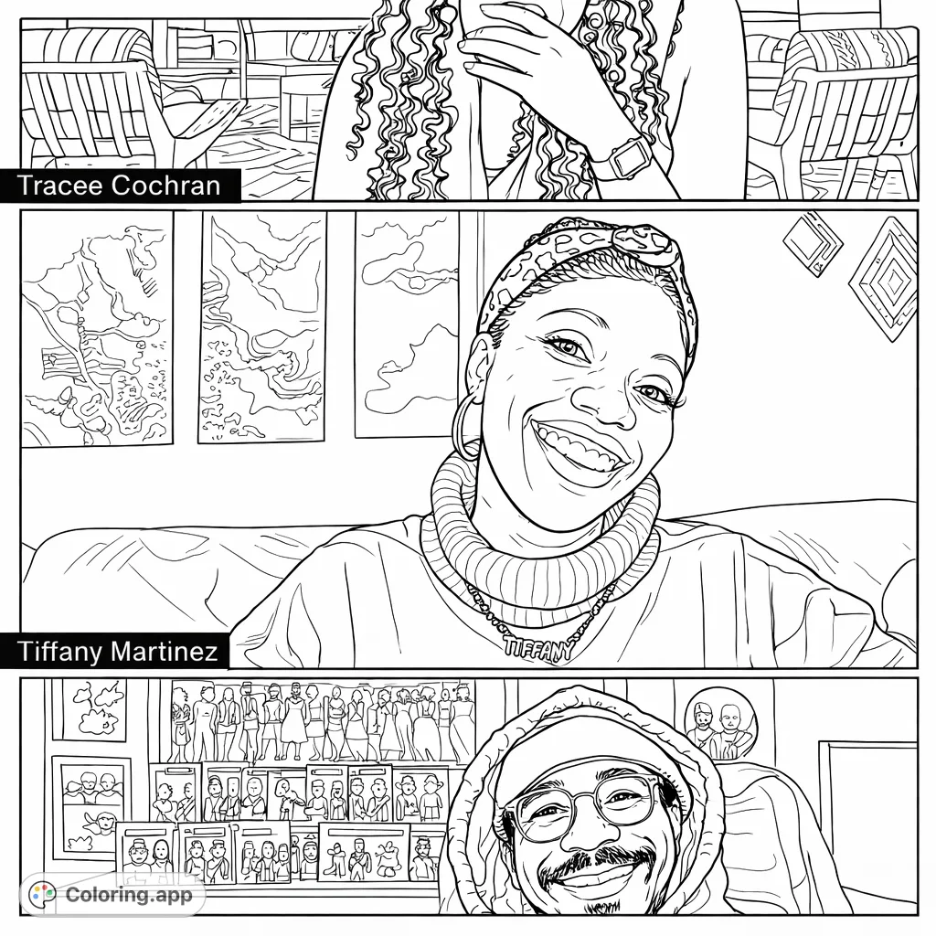Capture the essence of connecting with others in a video call. This coloring page features three distinct frames, each with a unique individual, perfect for personalizing.