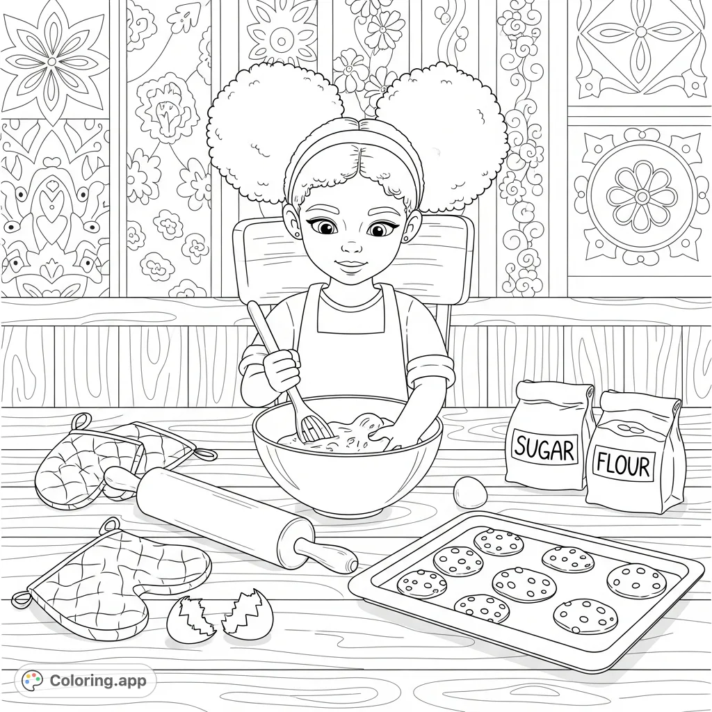 A heartwarming kitchen scene featuring a little girl with afro puffs baking chocolate chip cookies, surrounded by all her baking essentials. A delightful free printable coloring page.
