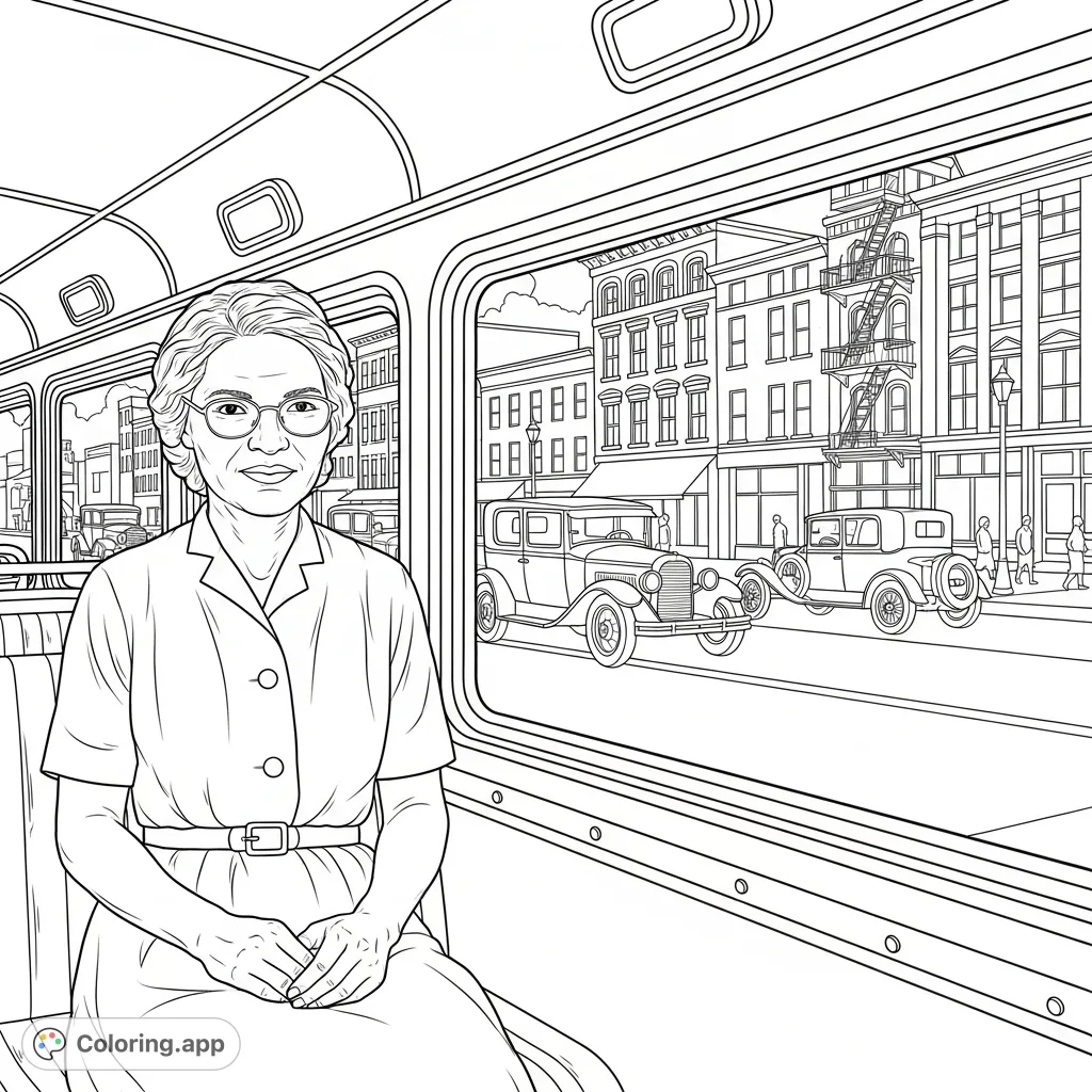 A powerful Rosa Parks coloring page depicting her serene presence on a 1950s city bus, observing a bustling street scene.