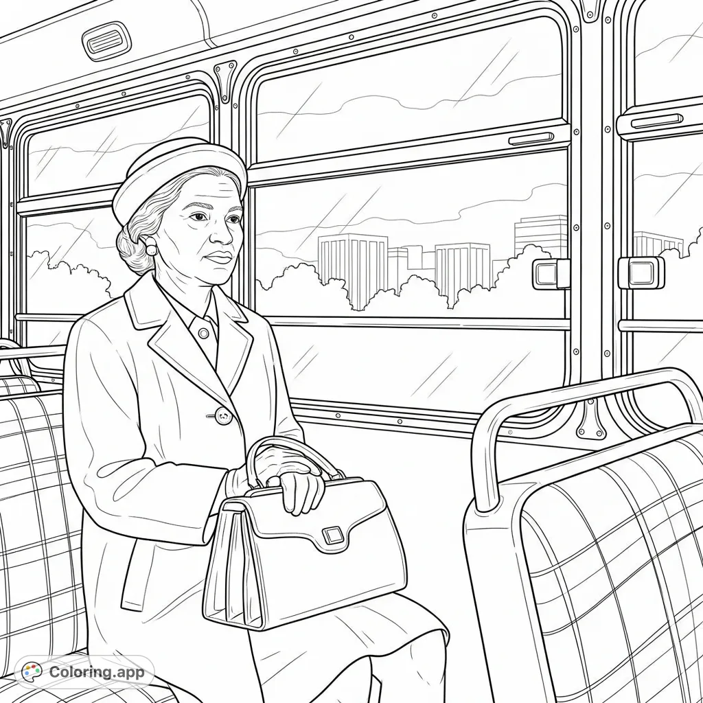 A dignified Rosa Parks sits calmly in the front of a city bus, gazing thoughtfully out the window, capturing a pivotal moment in history.