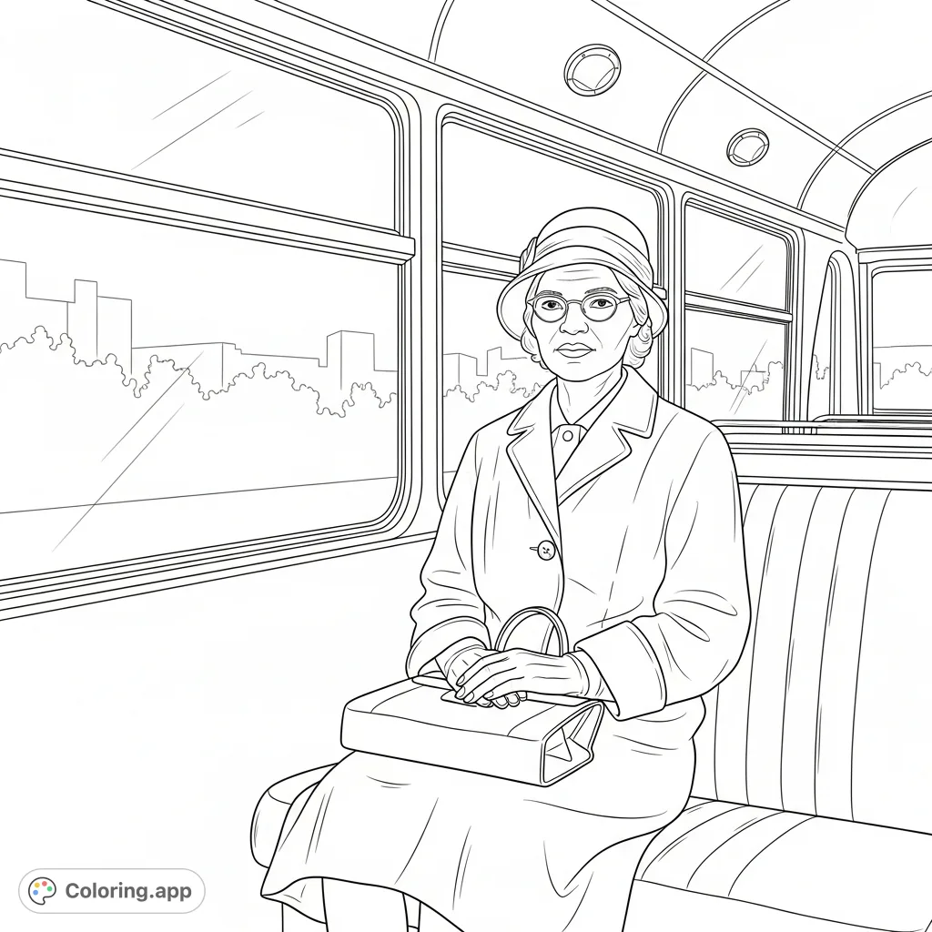 A powerful Rosa Parks coloring page capturing her dignified posture on a city bus, gazing out the window, embodying quiet strength and historical significance.