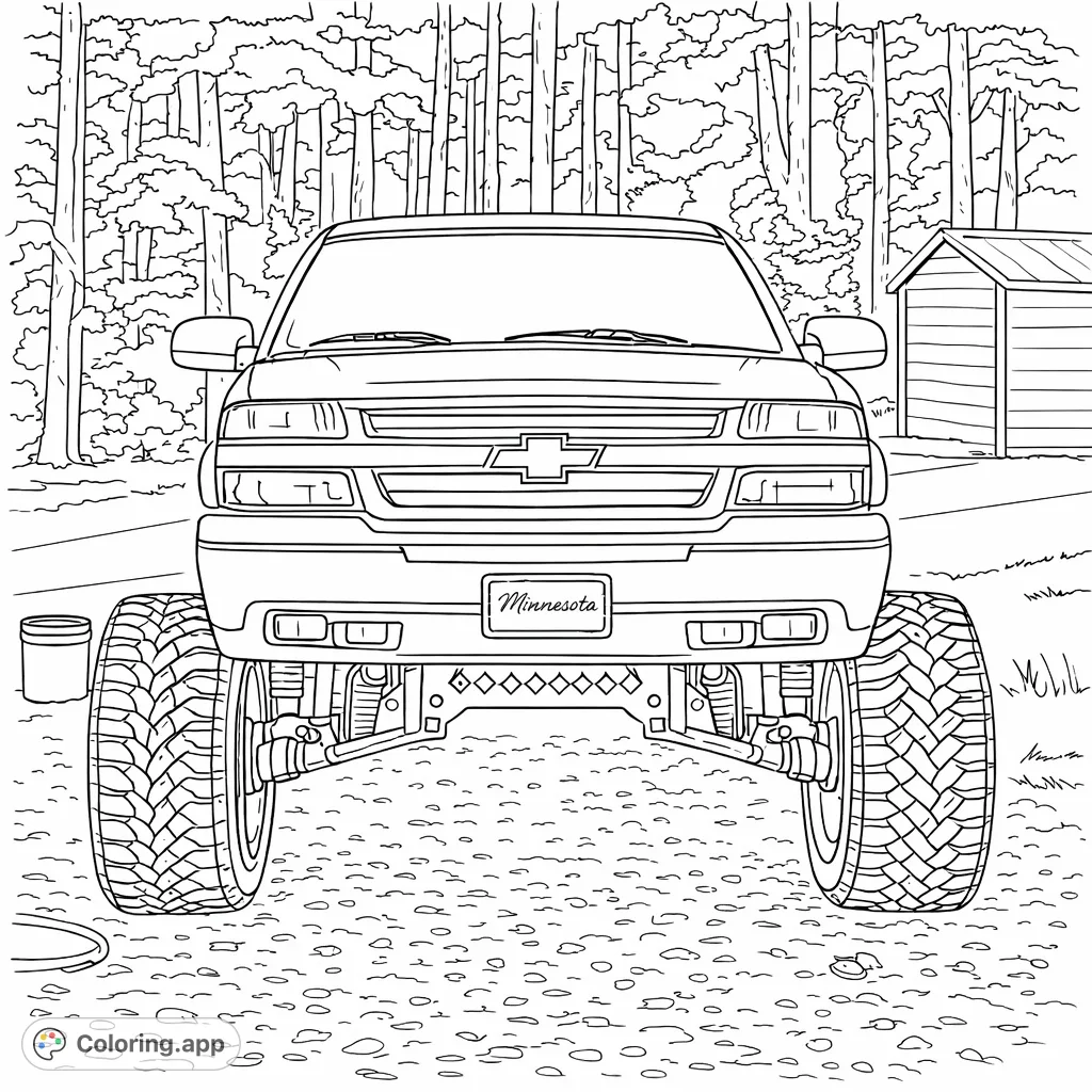 Color a powerful lifted truck with huge tires and visible suspension, set against a dense forest backdrop and a small shed. Perfect for vehicle enthusiasts.