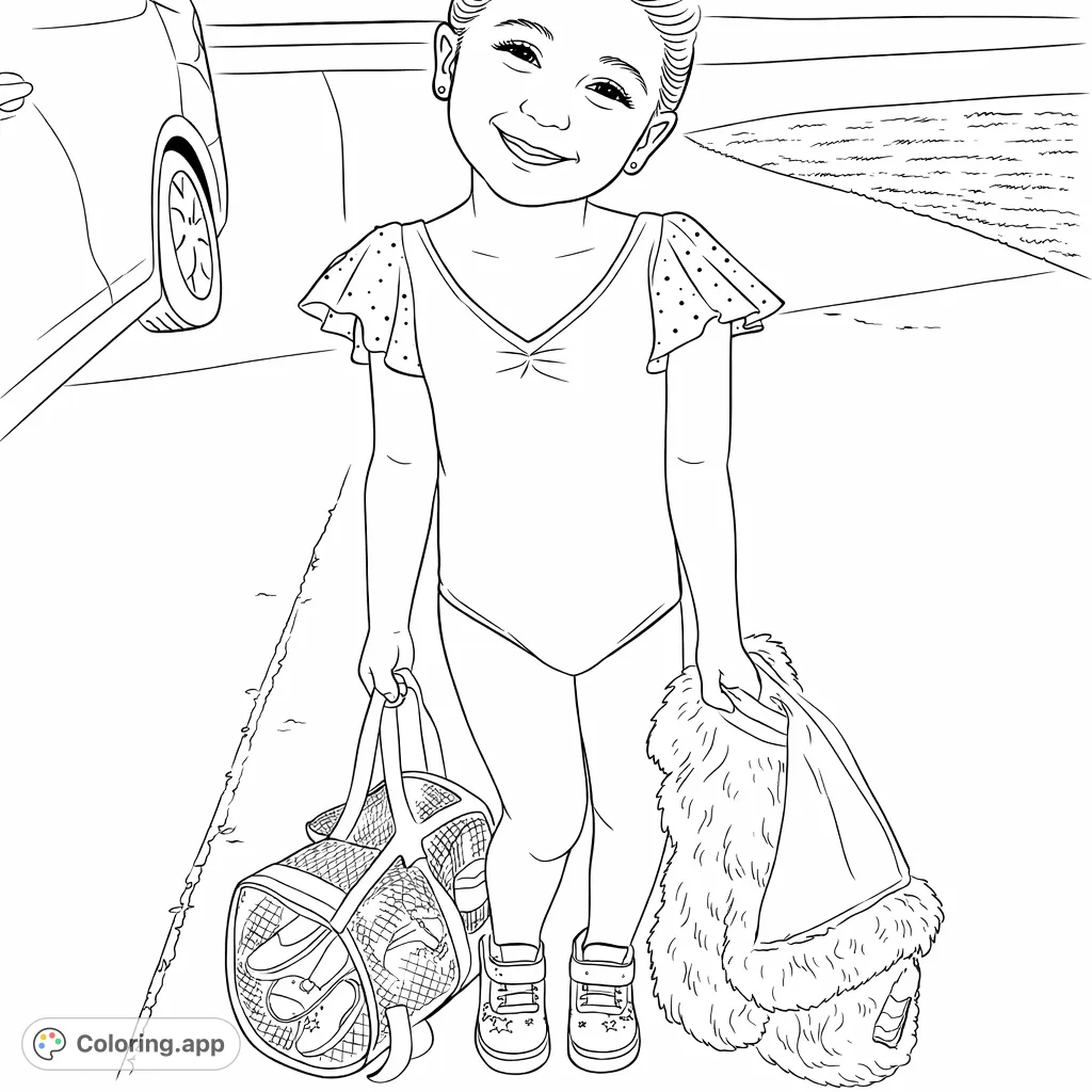 A cheerful child in a dance leotard and athletic shoes, holding a mesh bag and fluffy jacket, ready for their dance class.