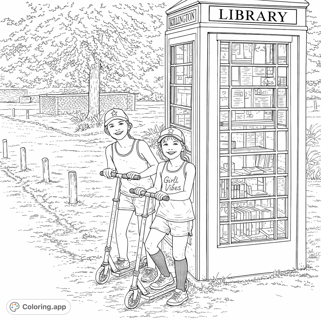 Two smiling girls with their scooters next to a repurposed telephone booth library, set in a pleasant outdoor area with a large tree and stone wall.