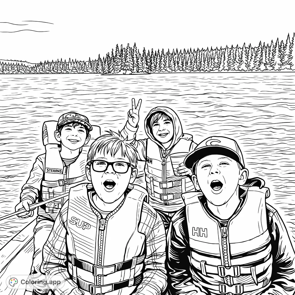 Capture the excitement of a boating adventure with friends on a lake! This realistic coloring page features four kids with expressive faces and life jackets.
