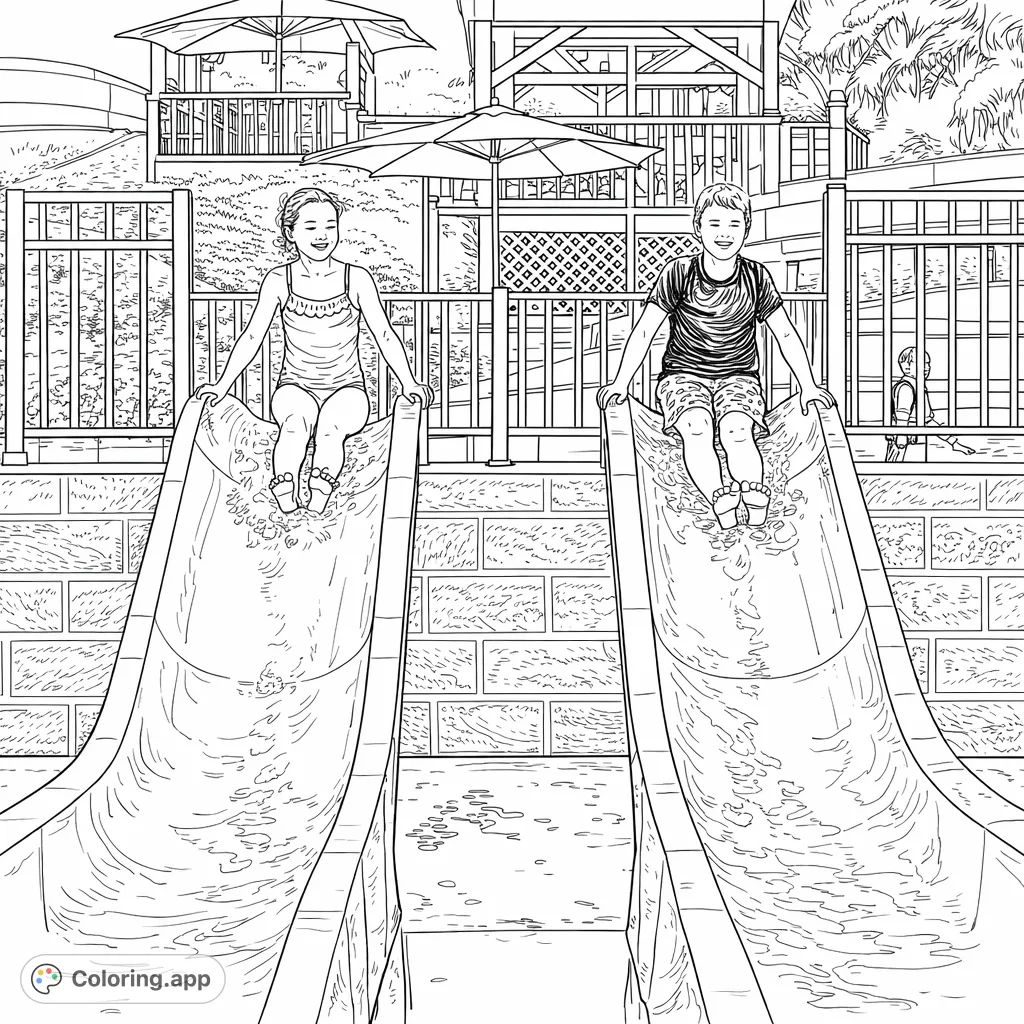 Two smiling children ready for a thrilling water slide adventure in a detailed water park setting. A free printable water park coloring page awaits!