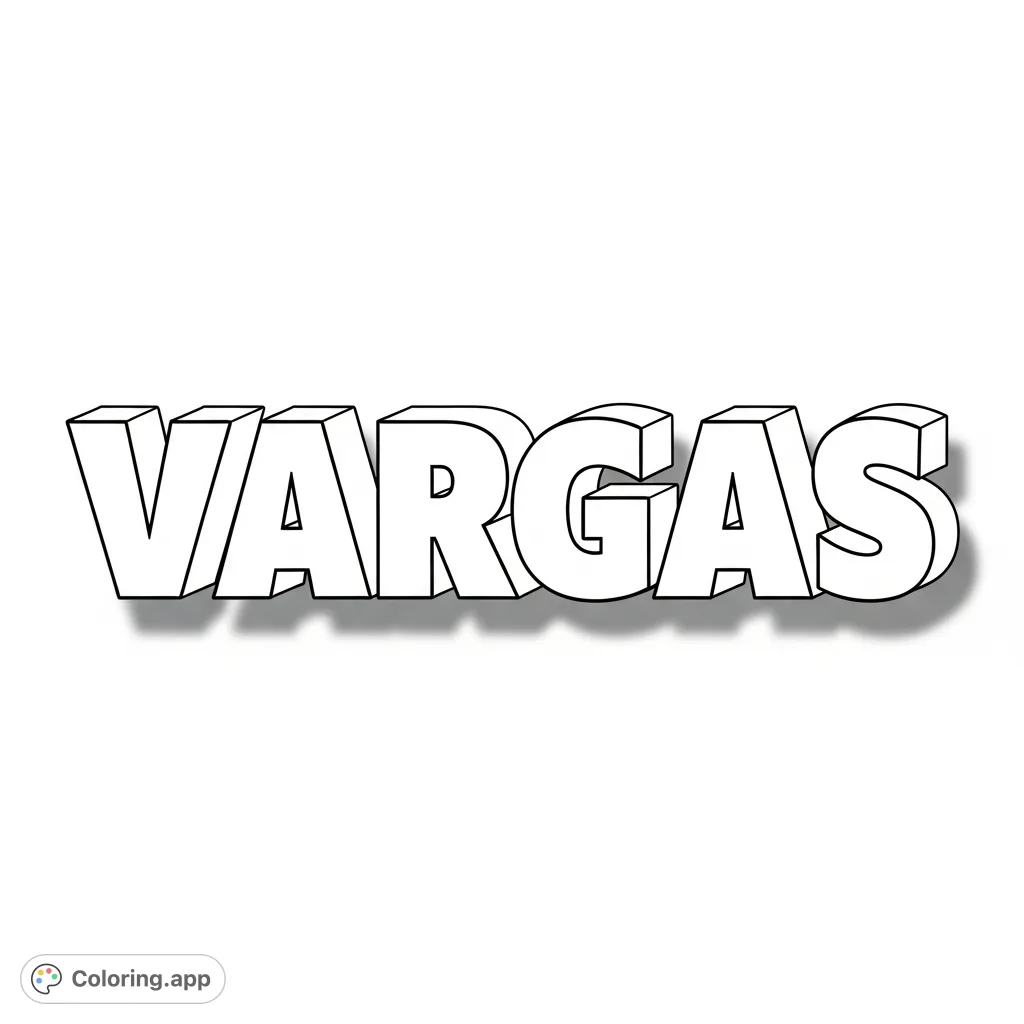 Personalize the name 'Vargas' with this engaging block letters coloring page. Large, distinct letters offer a fun and easy coloring experience for all ages.