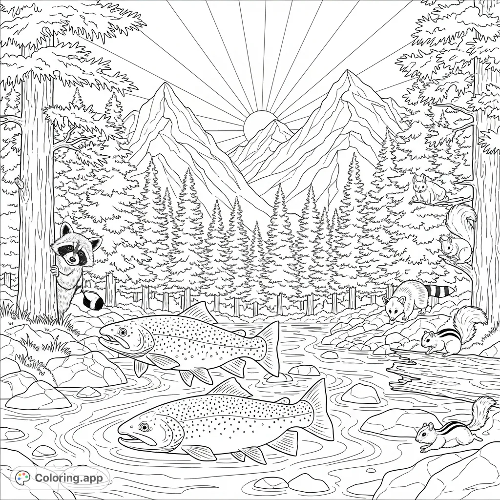 Discover a tranquil mountain stream teeming with brook and brown trout, surrounded by towering pines and forest creatures under a rising sun. A detailed nature scene.