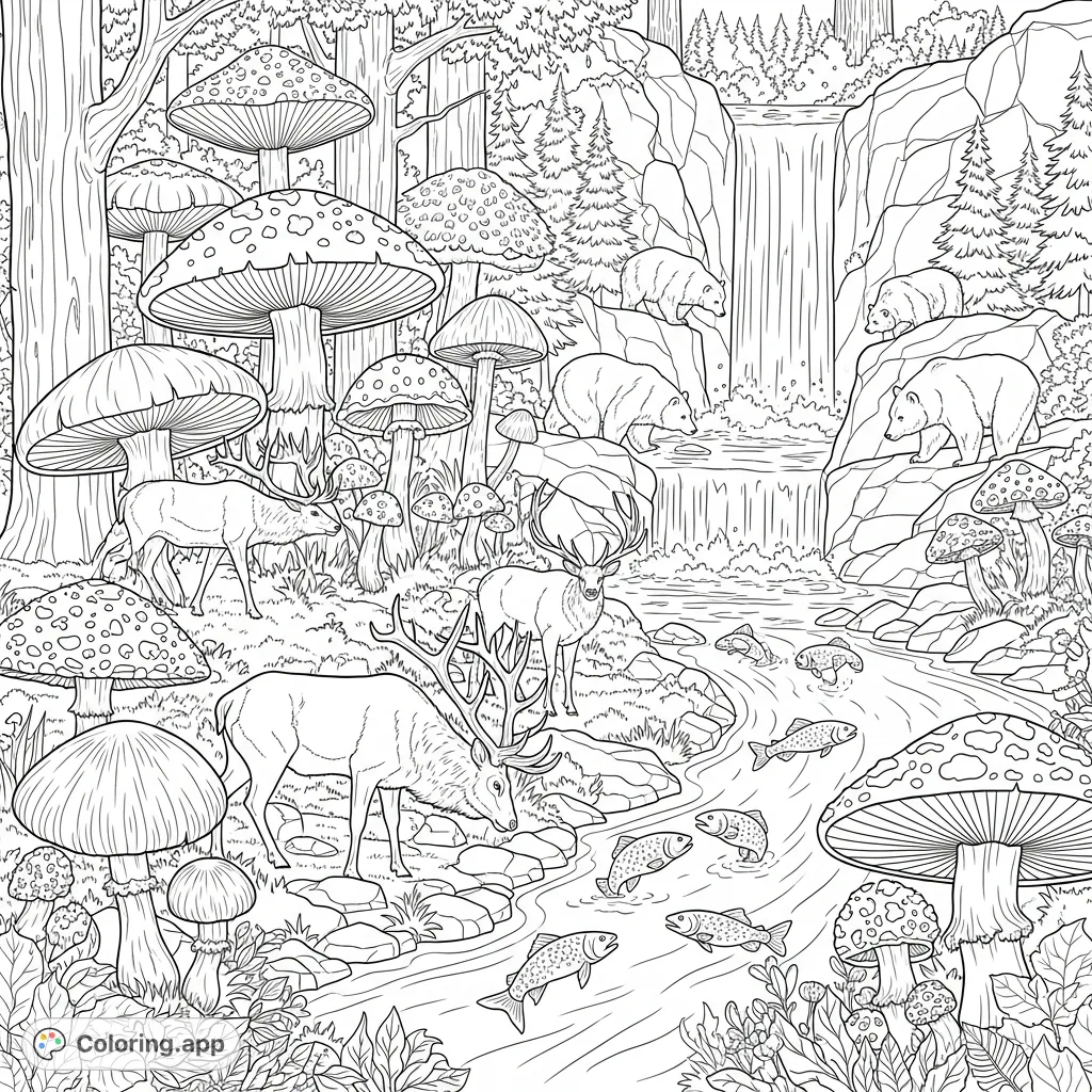 Explore a whimsical giant mushroom forest with majestic elk, grizzly bears, and leaping fish near a cascading waterfall. A fantastical nature scene.