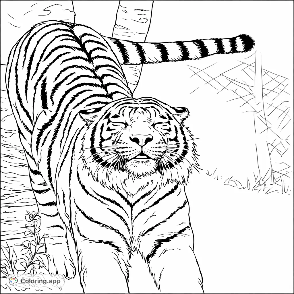 Capture the serene power of a majestic tiger in a stretching pose. This intricate coloring page features detailed stripes and a natural setting.
