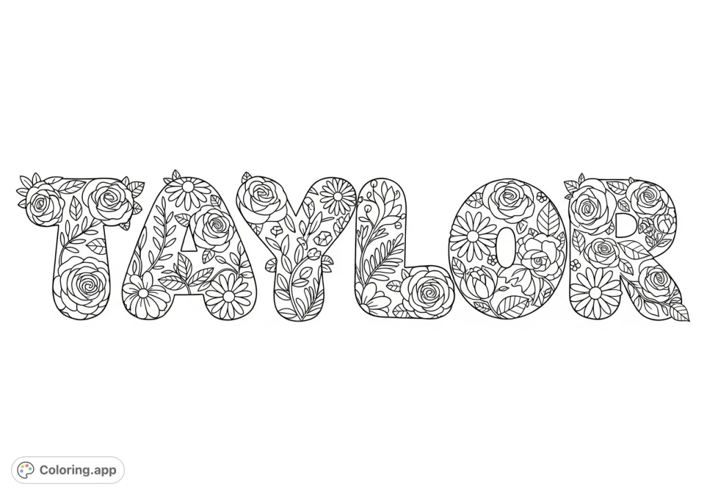 Discover a charming floral TAYLOR bubble letter coloring page! Filled with detailed roses, daisies, and vines, it's a delightful creative escape.