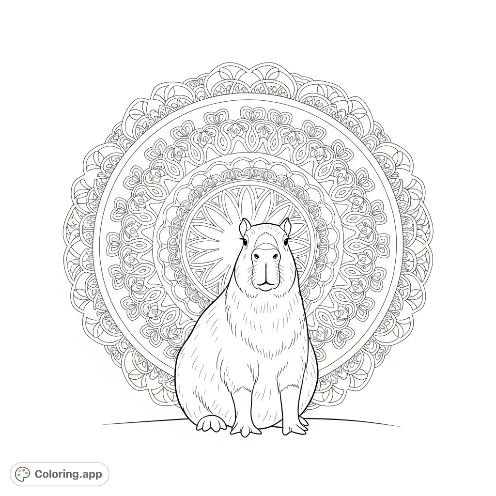 A tranquil capybara sits at the heart of an intricate, radiating circular mandala, featuring geometric patterns and delicate floral motifs.