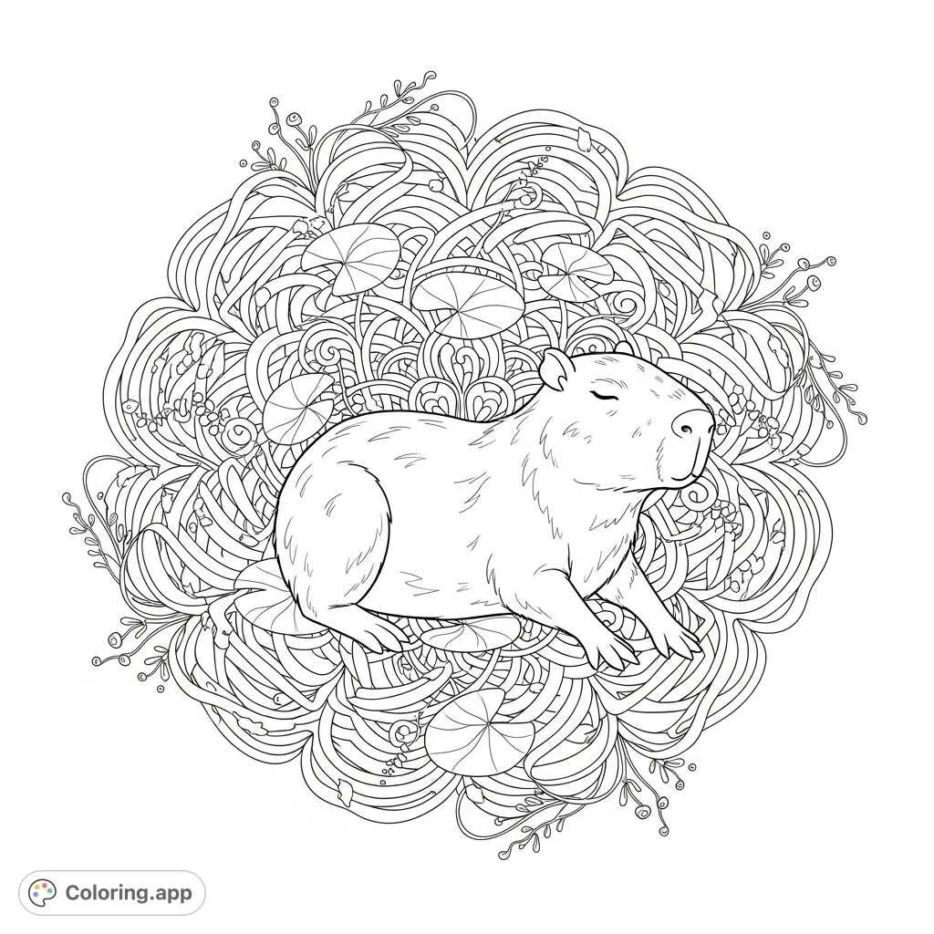 A serene capybara naps peacefully within an intricate mandala, adorned with swirling water patterns and delicate aquatic plants. A truly calming coloring experience.