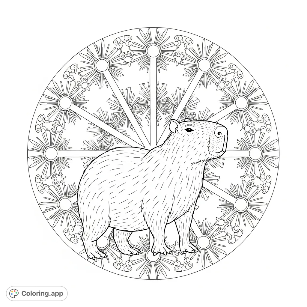 An attentive capybara is framed by a dynamic, intricate mandala of sunbursts and wave patterns. A complex design for mindful coloring, perfect for animal and pattern enthusiasts.