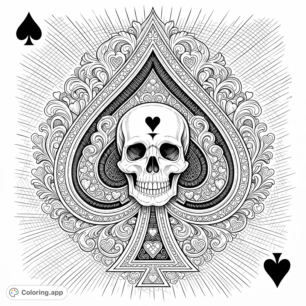 Dive into the intricate details of this gothic Ace of Spades skull design. Perfect for adults seeking a challenging and rewarding coloring experience with rich patterns.