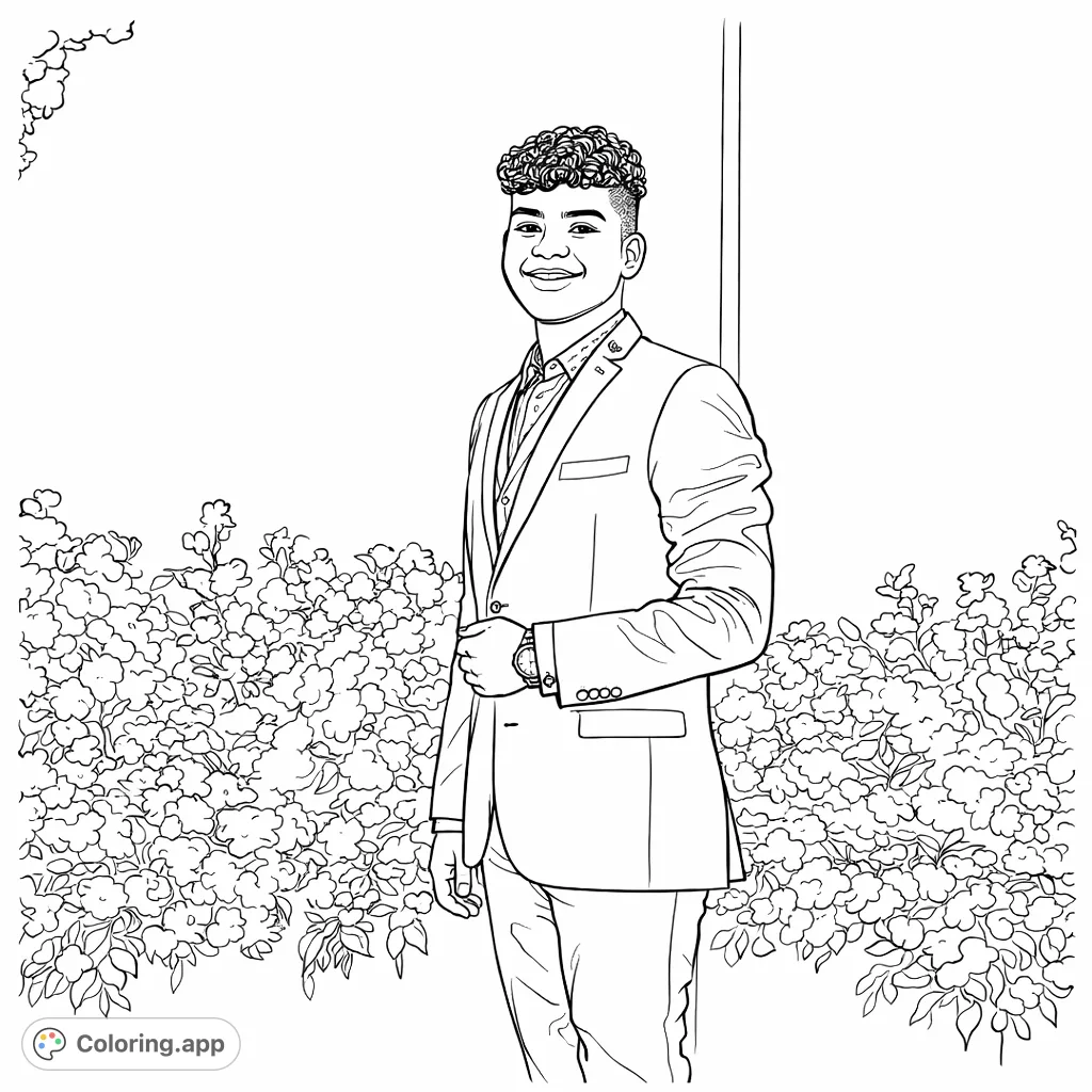A confident young person in a stylish suit stands before a lush floral and foliage backdrop. Perfect for those who enjoy fashion and formal wear.