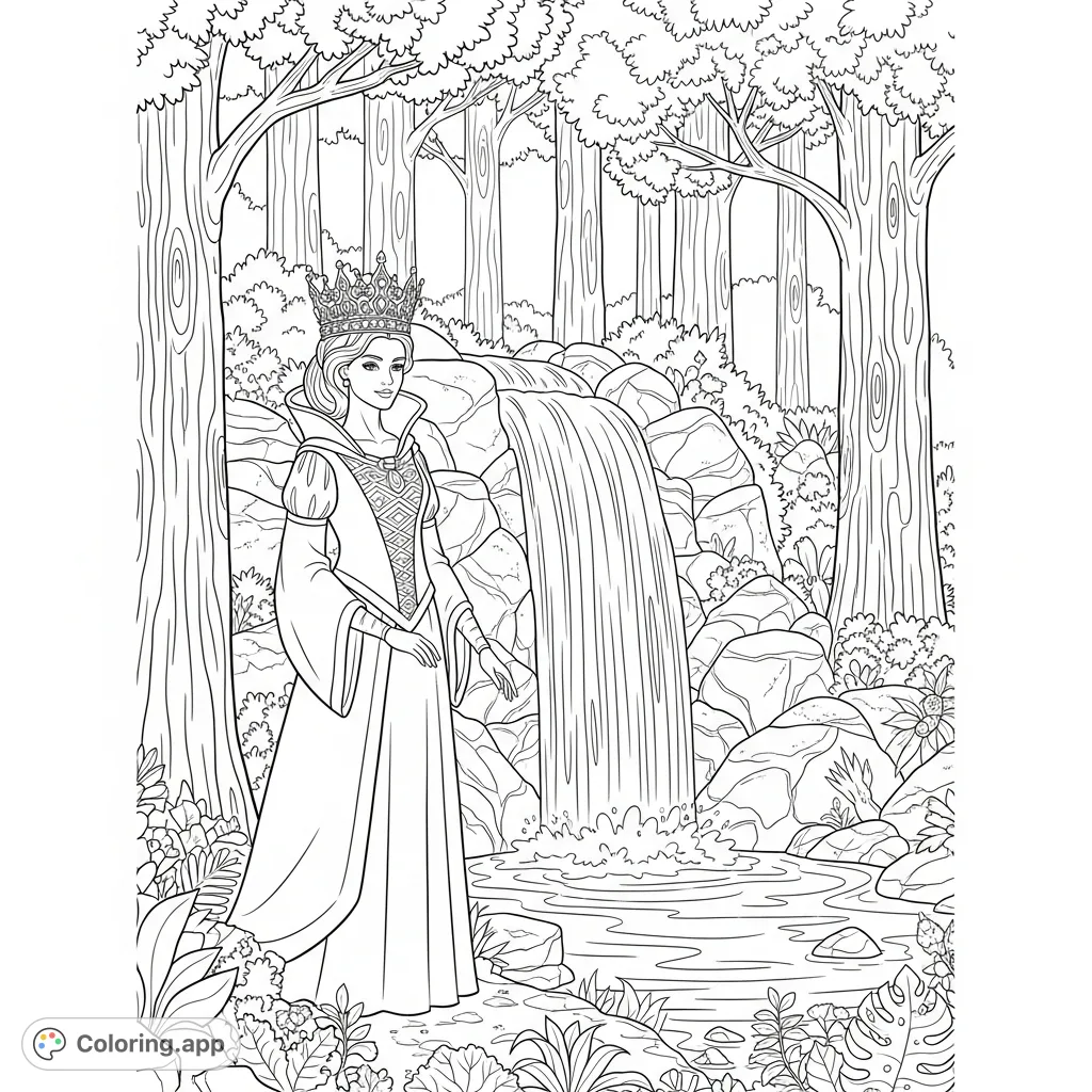 Color a majestic queen wearing a jeweled crown amidst a stunning enchanted forest with a grand cascading waterfall. A captivating scene for all ages.