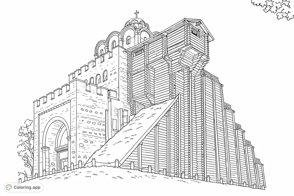 Explore the grandeur of a historic city gate, featuring intricate brickwork, sturdy wooden defenses, and a majestic dome atop a grassy hill against a vast sky.