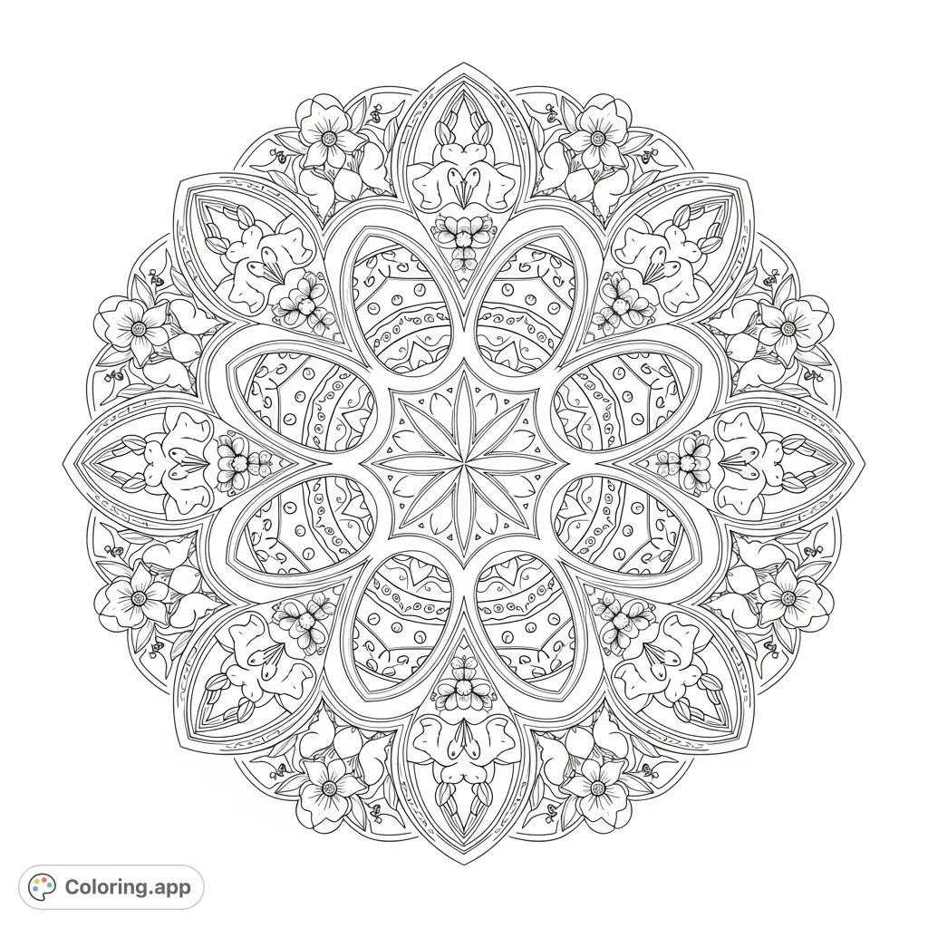 An intricate circular design blending Easter eggs, bunnies, and spring blossoms in a symmetrical, harmonious tapestry. A detailed Easter coloring page for all.
