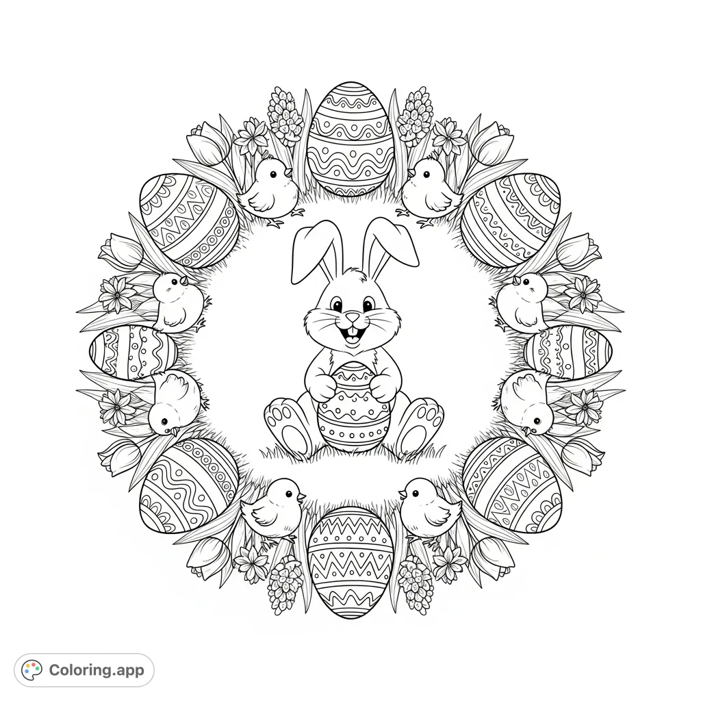 A delightful Easter bunny holds a decorated egg amidst a symmetric display of patterned eggs, chirping chicks, and blooming spring flowers. A festive Easter scene.