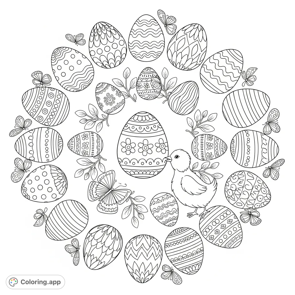 Delightful Easter egg mandala with unique patterns, a playful chick at its heart, and delicate butterflies. A charming, symmetrical design for festive coloring.
