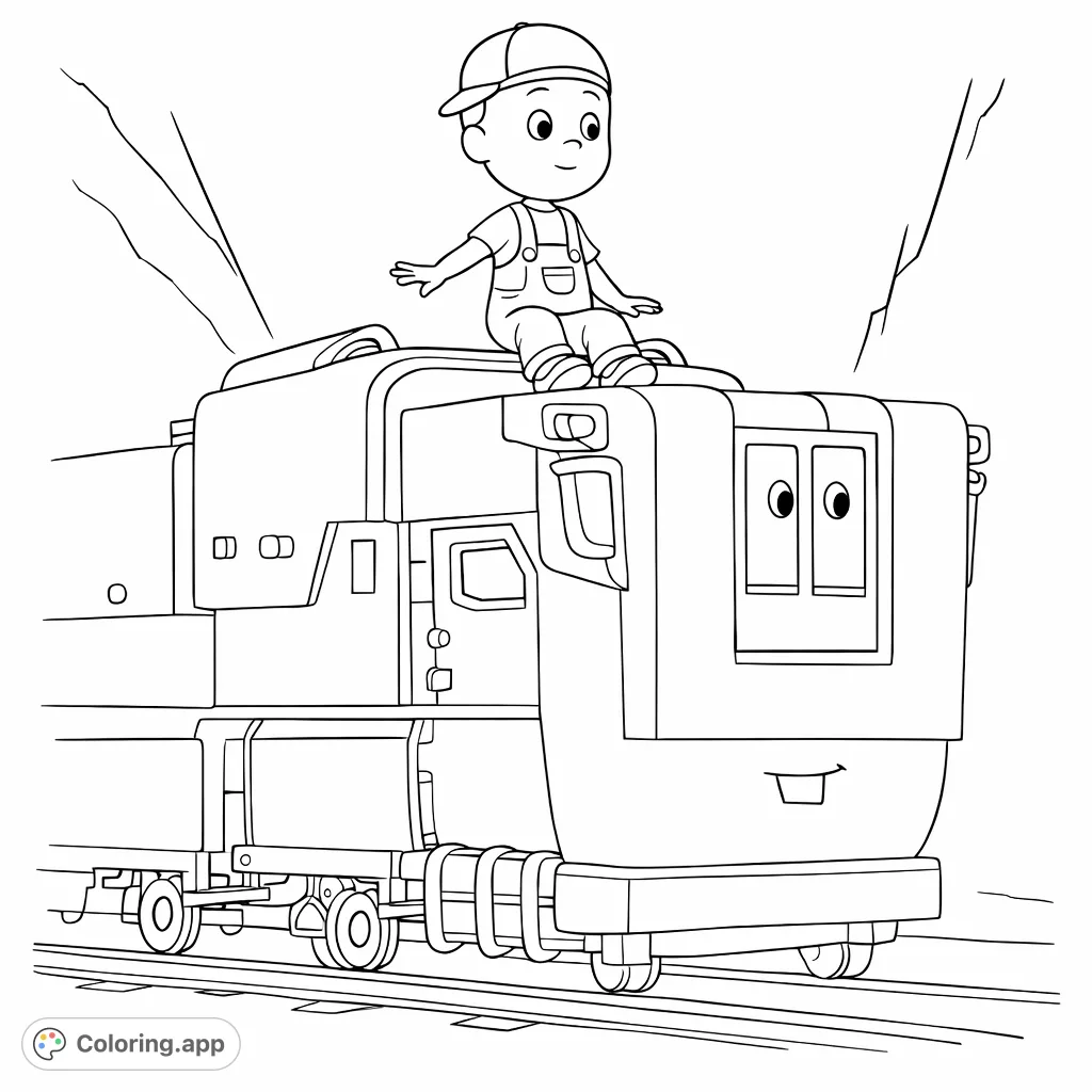 Join a cheerful boy on a friendly train adventure! This delightful coloring page features a cute character atop a charming, faced train in a mysterious tunnel.