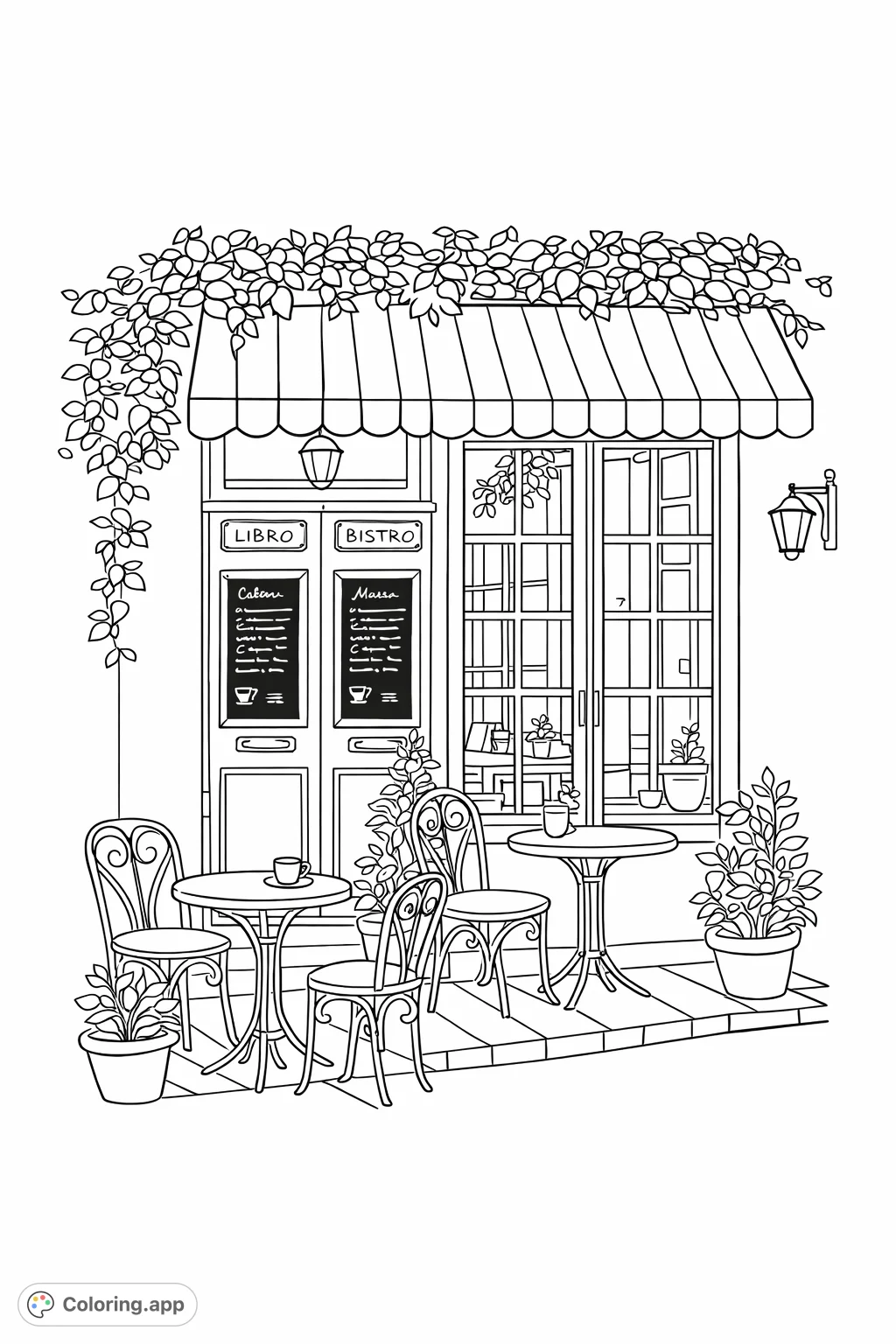 A charming Parisian bistro facade with outdoor seating, a striped awning, and climbing vines, inviting a delightful coloring experience.