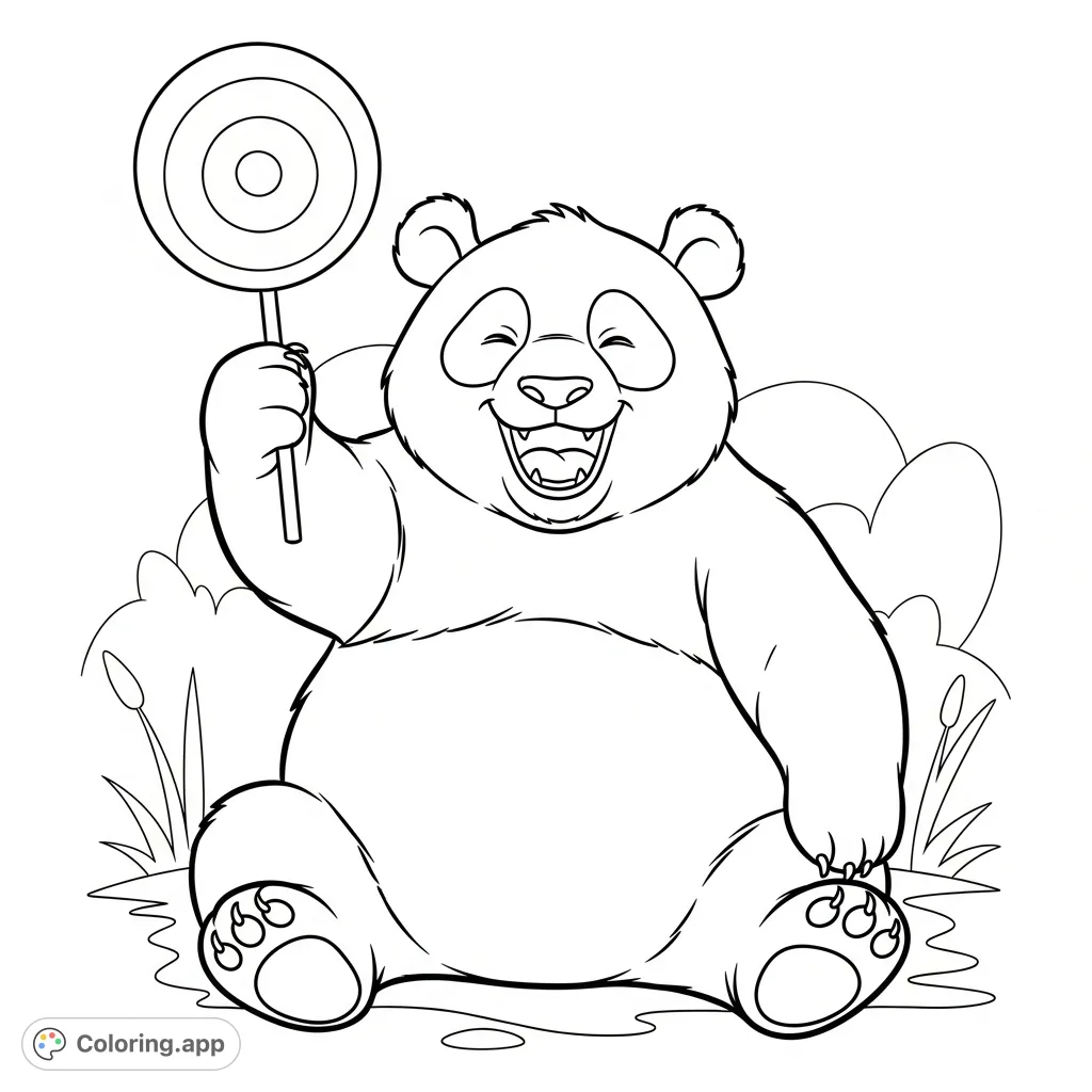 A joyous Papa Panda celebrates finding a delicious swirled lollipop. This delightful and free printable panda coloring page brings a smile to all faces.