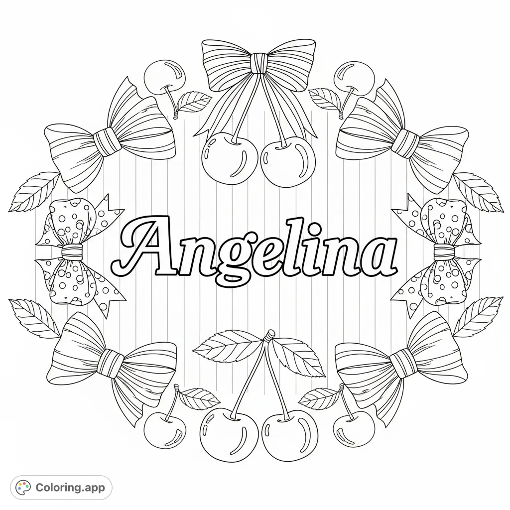 A charming 'Lottie-Rose' coloring page featuring a decorative name surrounded by an assortment of bows with patterns and plump cherries with stems and leaves.
