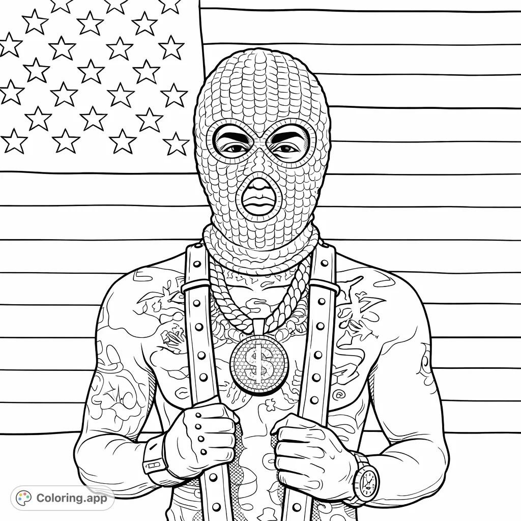 A striking coloring page featuring a masked figure with intricate tattoos and a spiked medallion against a detailed flag backdrop, offering a unique artistic challenge.