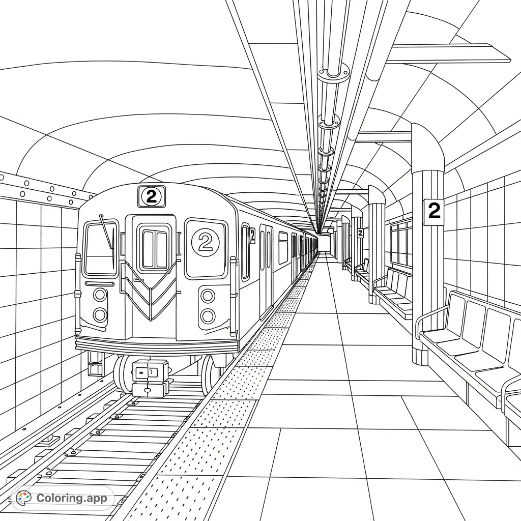 Experience the bustling energy of the NYC subway with this detailed 2 train coloring page. Explore intricate urban landscapes, perfect for city enthusiasts.