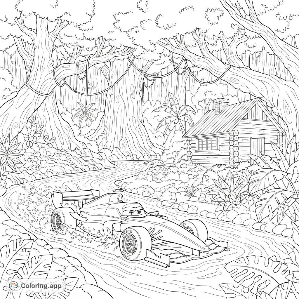 Experience the thrill of a race car speeding through a winding jungle river alongside a rustic log cabin. A unique, adventurous coloring page for all ages.