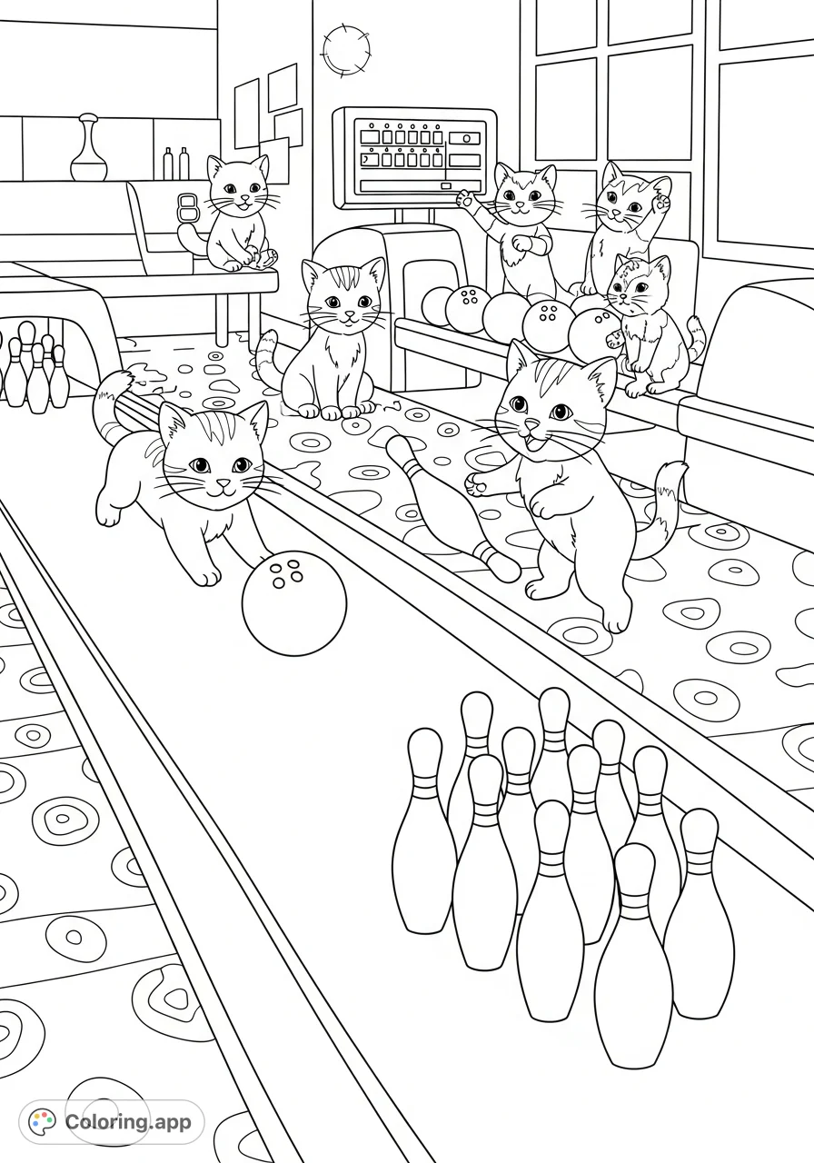 Adorable kittens enjoy a fun-filled bowling game, perfect for a whimsical kittens bowling coloring page adventure. A charming scene for all ages!