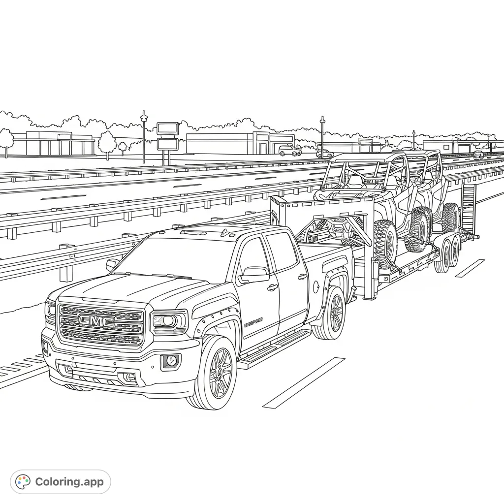 A detailed GMC spider Denali truck hauls two side-by-sides on a gooseneck trailer along a busy highway, depicting a powerful road trip scene.