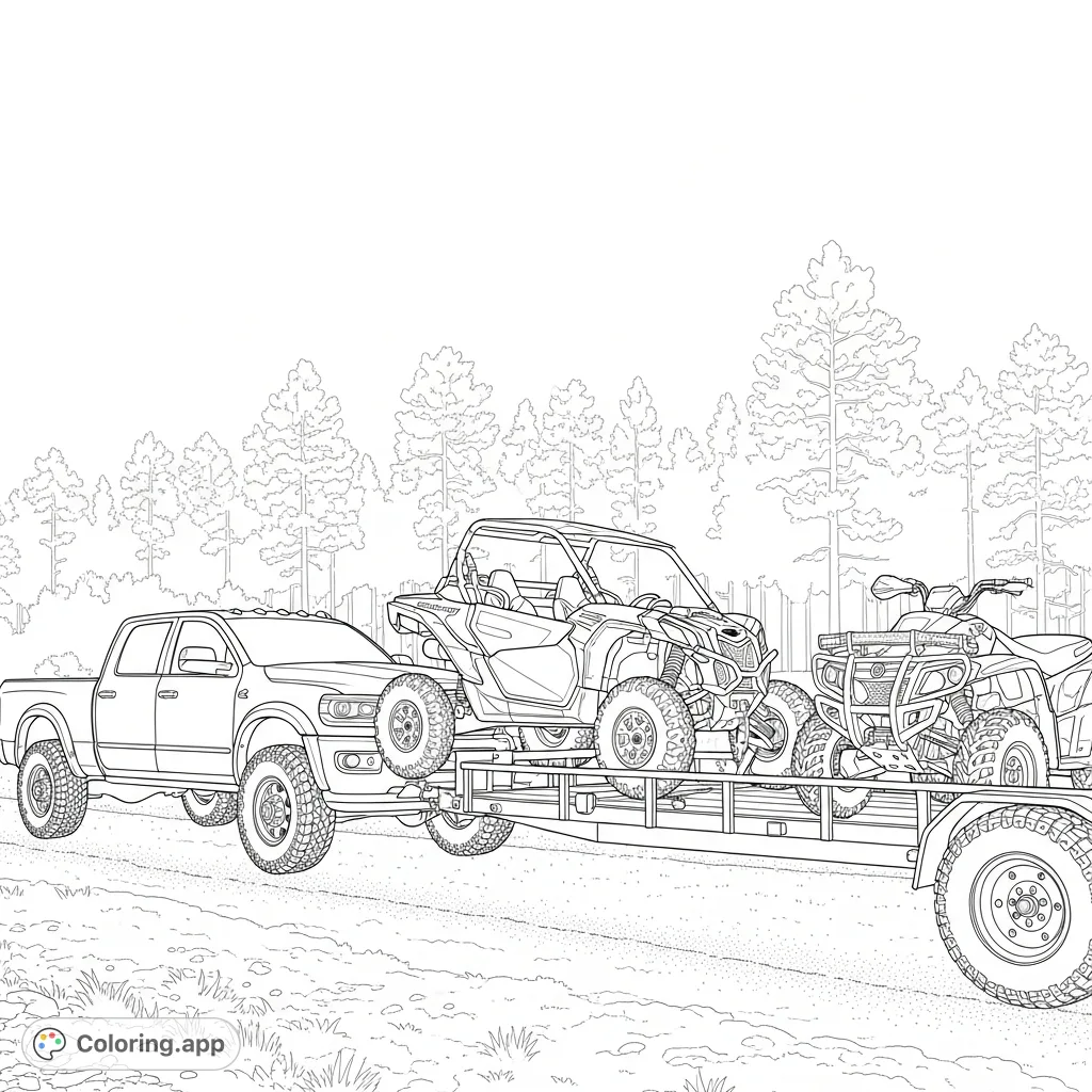 Explore an exciting off-road adventure featuring a detailed Dodge Power Wagon, a Can-Am side-by-side, and a four-wheeler on a dusty rural road.