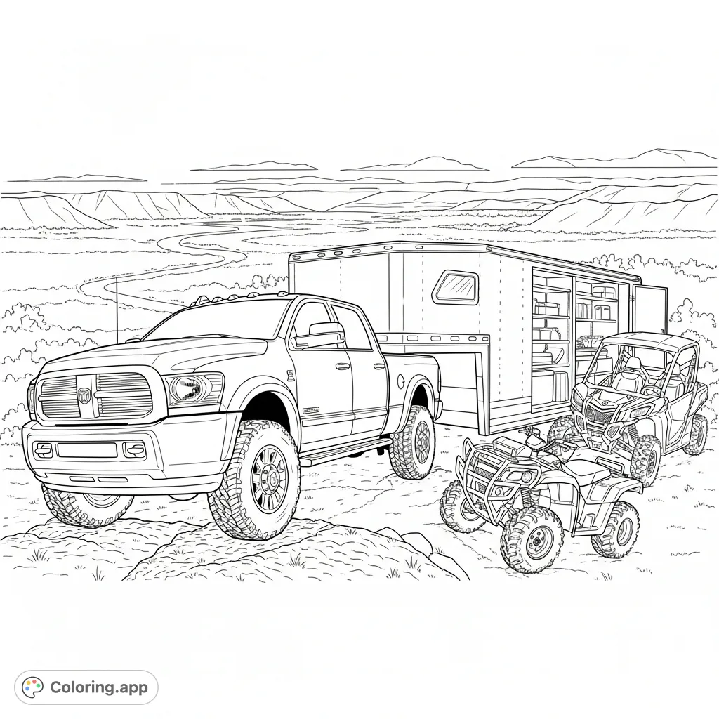 Explore an adventurous scene featuring a 2018 Dodge Power Wagon 2500, cargo trailer, Can-Am side-by-side, and a four-wheeler overlooking a vast valley.
