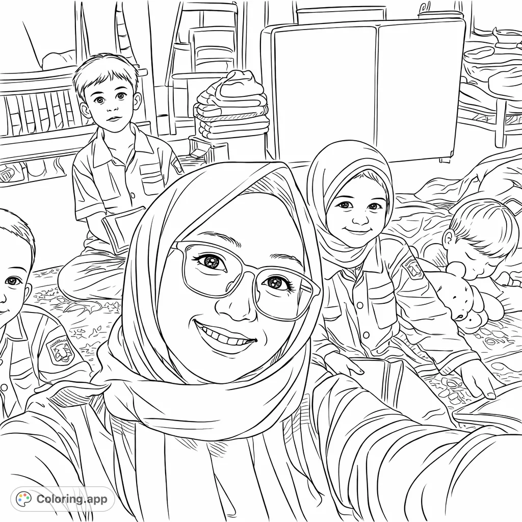 Capture a heartwarming group portrait of a smiling woman with children, featuring playful expressions and details perfect for a personalized coloring experience.