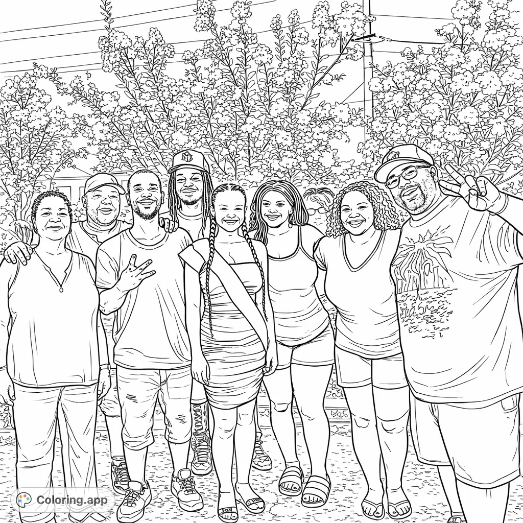 Celebrate community and connection with this joyful portrait. A diverse group smiles together amidst vibrant flowering bushes, perfect for a meaningful coloring experience.