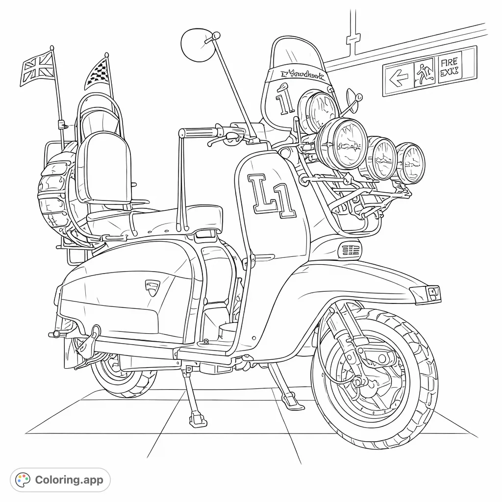 Color a meticulously detailed vintage scooter adorned with chrome accents, classic lines, and a checkered floor, offering a challenging and rewarding creative experience.