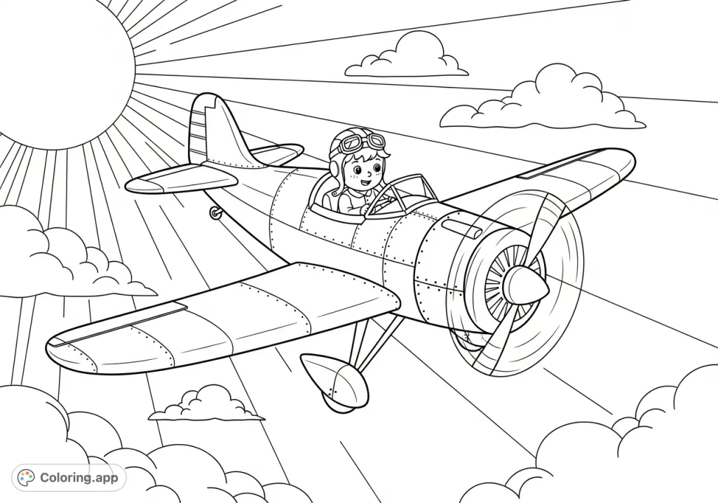 Soar through the sky with a cheerful little boy pilot in his classic propeller plane. A detailed aviation adventure awaits your creative touch!