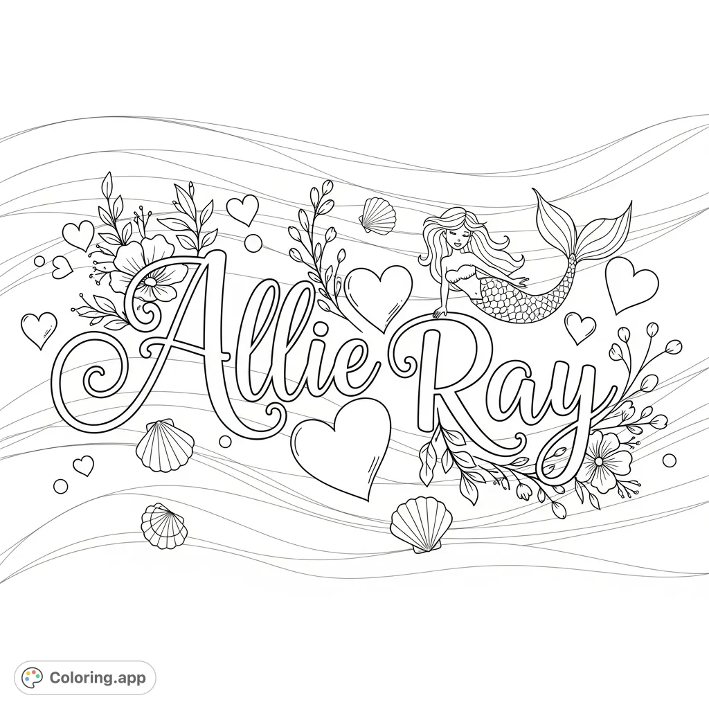 A whimsical coloring page featuring the name "Allie Ray" in elegant cursive surrounded by hearts, flowers, a graceful mermaid, and scattered seashells against an ocean wave backdrop.